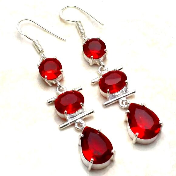Garnet Sterling Silver Drop Dangle Earrings - Picture 1 of 1